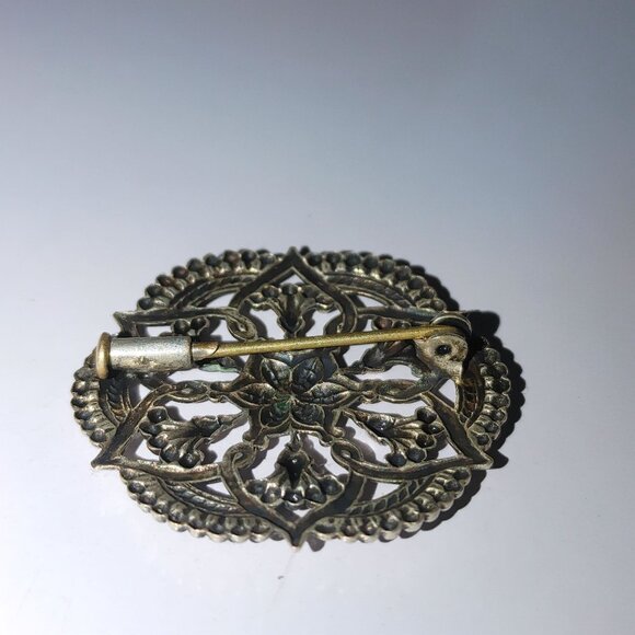 Antique Ornate Floral Filigree Pin Brooch Round  Intricate Design Metal Finish - Picture 3 of 13
